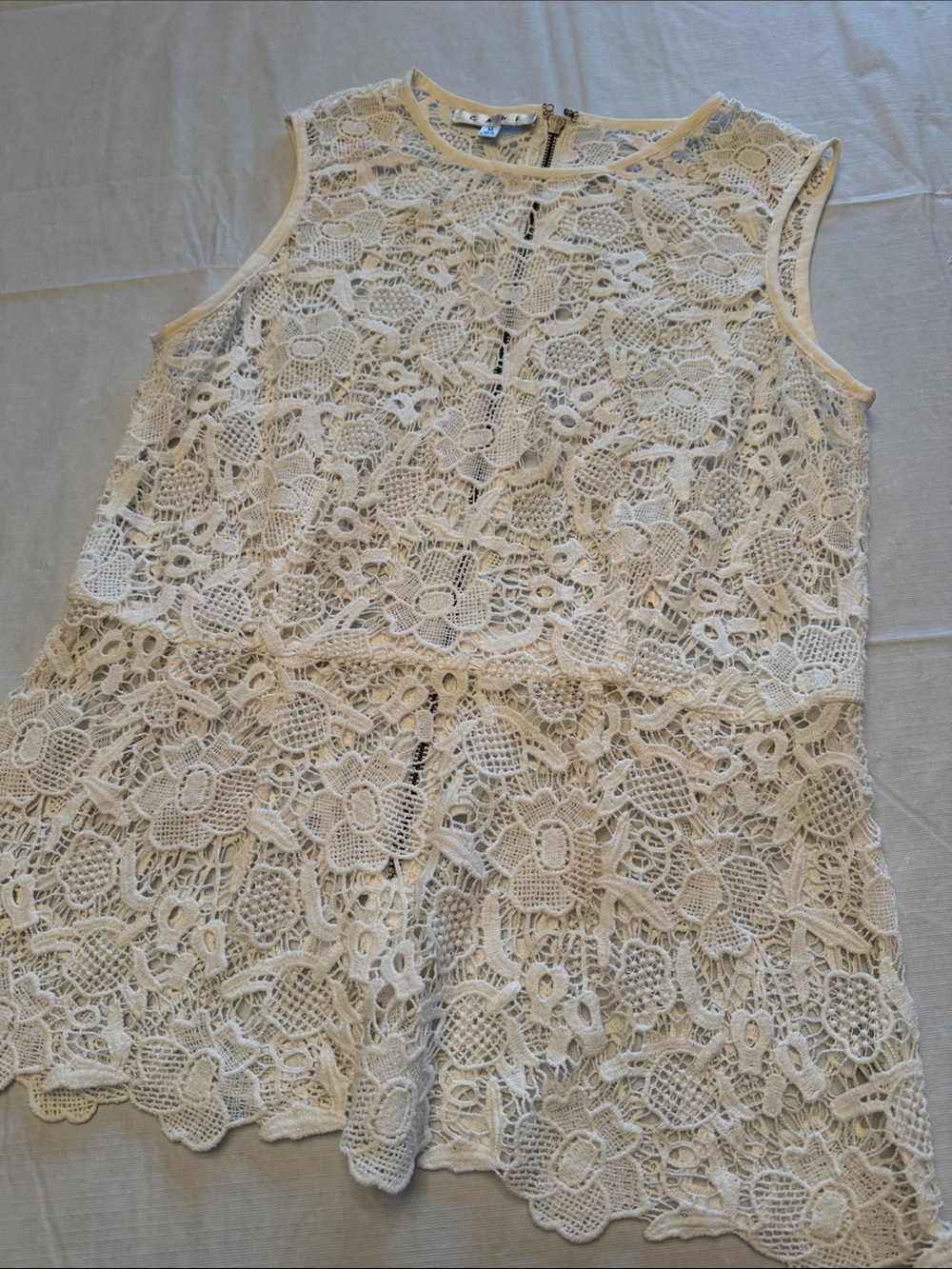 CAbi Cream Floral Crochet Lace Sleeveless peplum top